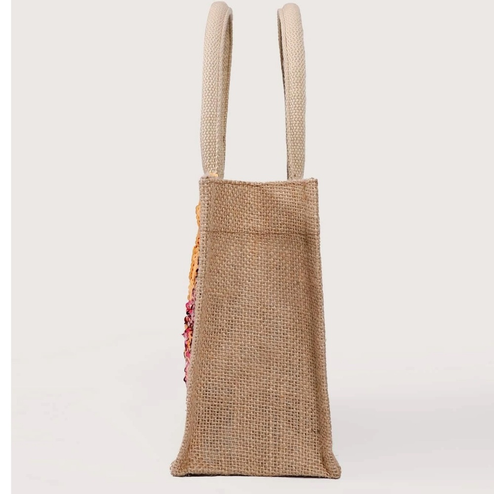 Boho Sequin Embroidered Burlap Medium Size Tote Bag - Picture 4 of 11